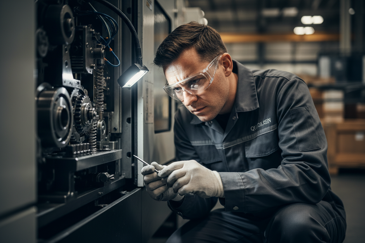 一张身穿制服的质检员正在全神贯注检查机器内部细节的高清特写（眼神要专注）