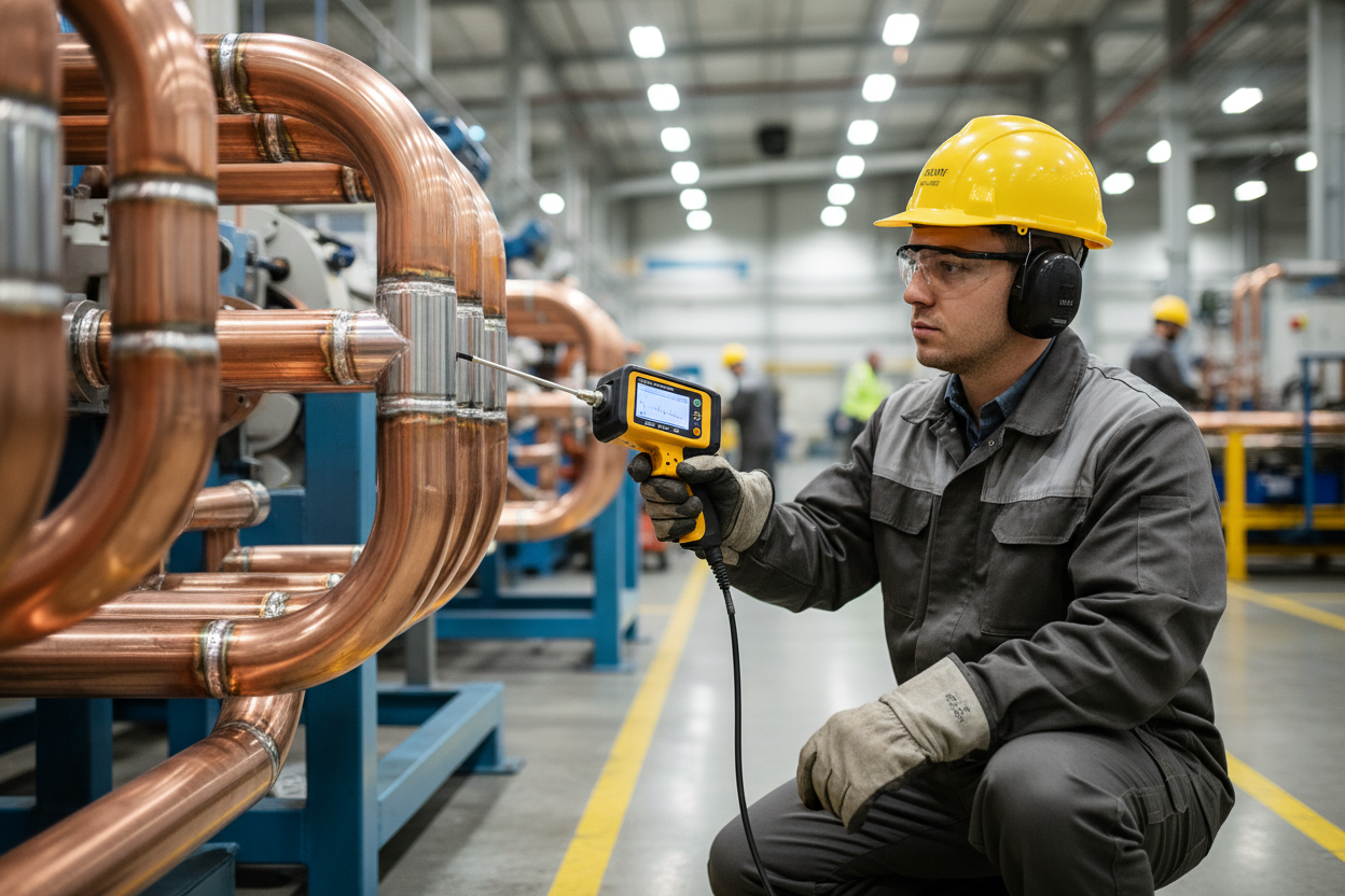 工人用检漏仪探头检查铜管焊接处的照片