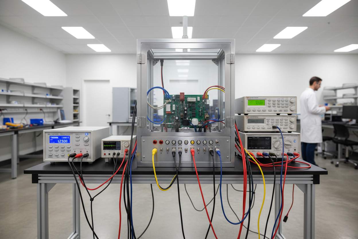 机器接在测试柜上，屏幕显示电压电流数据的照片